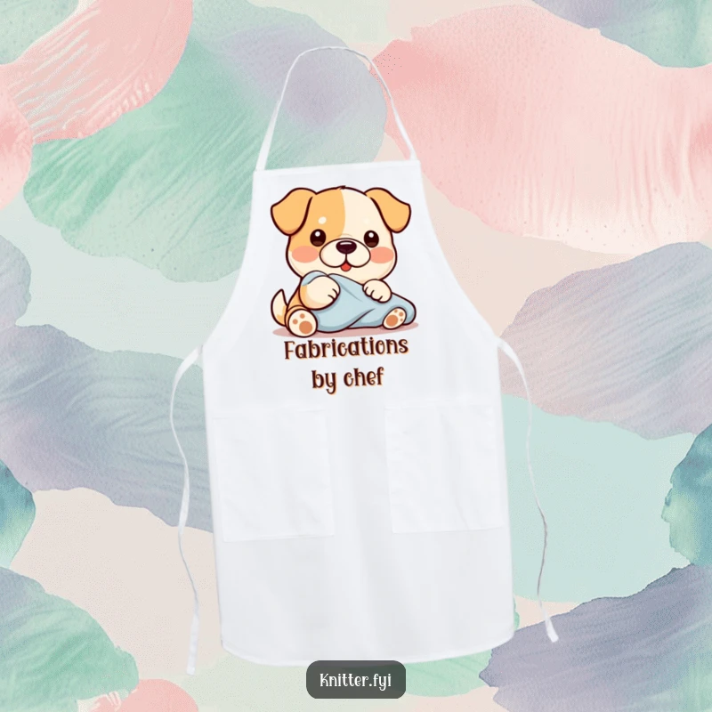 Funny Kawaii dog character wearing an apron, diligently smoothing fabric with its paw, a practical and humorous apron design.