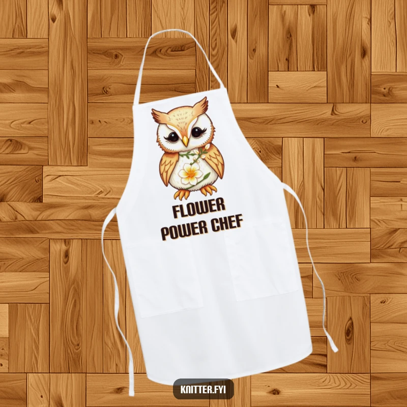 Funny Owl Apron: A focused owl meticulously embroiders a delicate flower, a humorous kitchen and craft accessory.