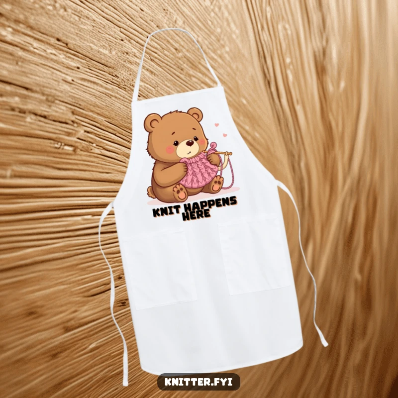 Funny apron showing a bear humorously attempting to knit a tea cozy with oversized needles, ideal for kitchen use.