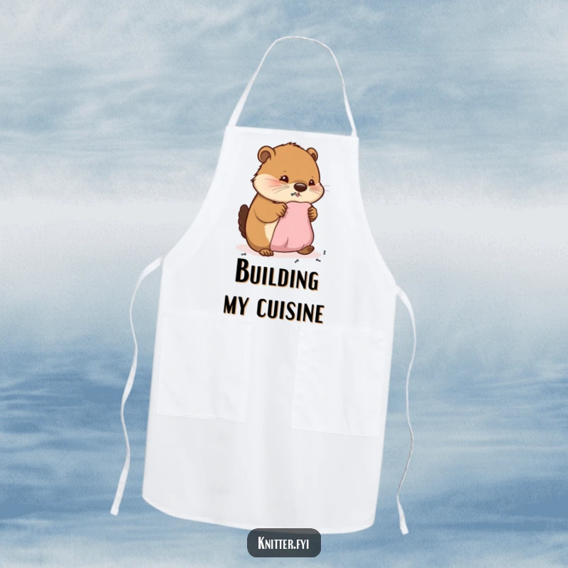 Funny apron with a happy beaver diligently hammering tiny nails into miniature fabric, perfect for messy creative endeavors.