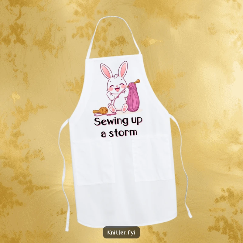 Funny apron with a joyful bunny character happily threading a huge sewing needle with colorful yarn, ideal for the crafty kitchen.