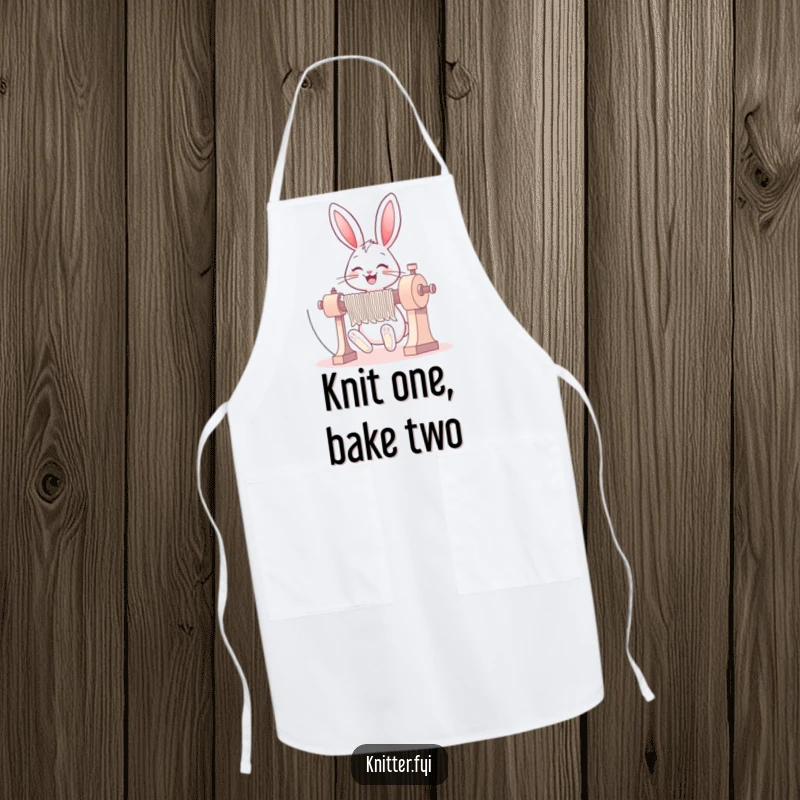 Funny bunny apron showing a happy rabbit grinning while operating a large knitting machine, perfect for messy crafts.