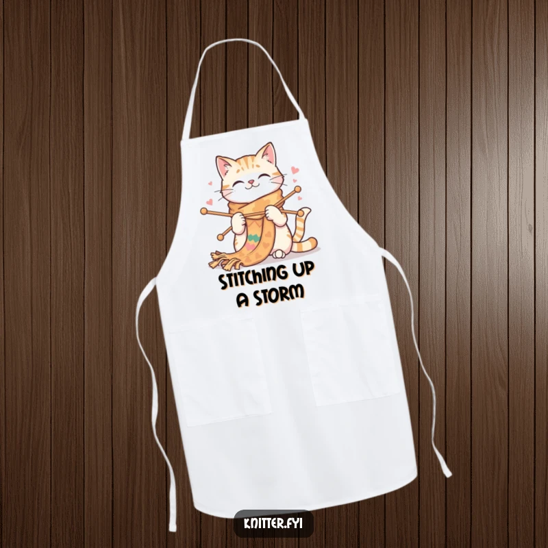 Funny cat apron featuring a happy cat knitting a very long, colorful scarf with large needles. Protects clothes with humor.