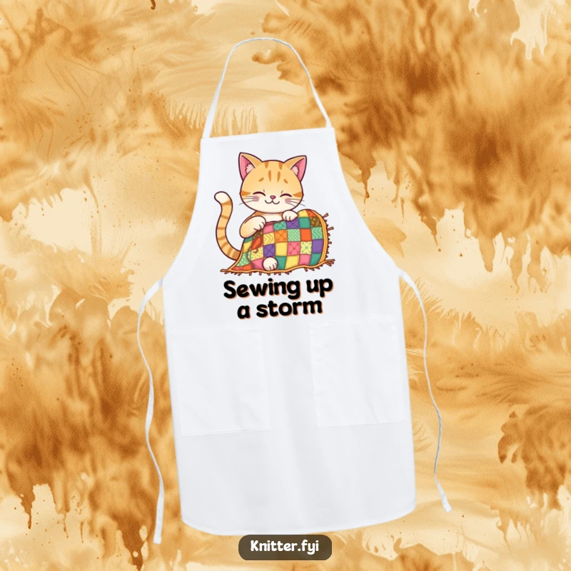 Funny cat apron with a smiling cat intently stitching a beautiful patchwork quilt, ready for any creative mess.