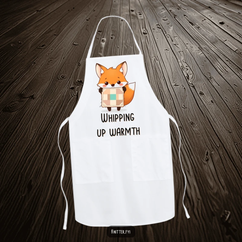 Funny fox apron showing a cheerful fox holding up a perfectly stitched tiny quilt. Protects clothes with humor.