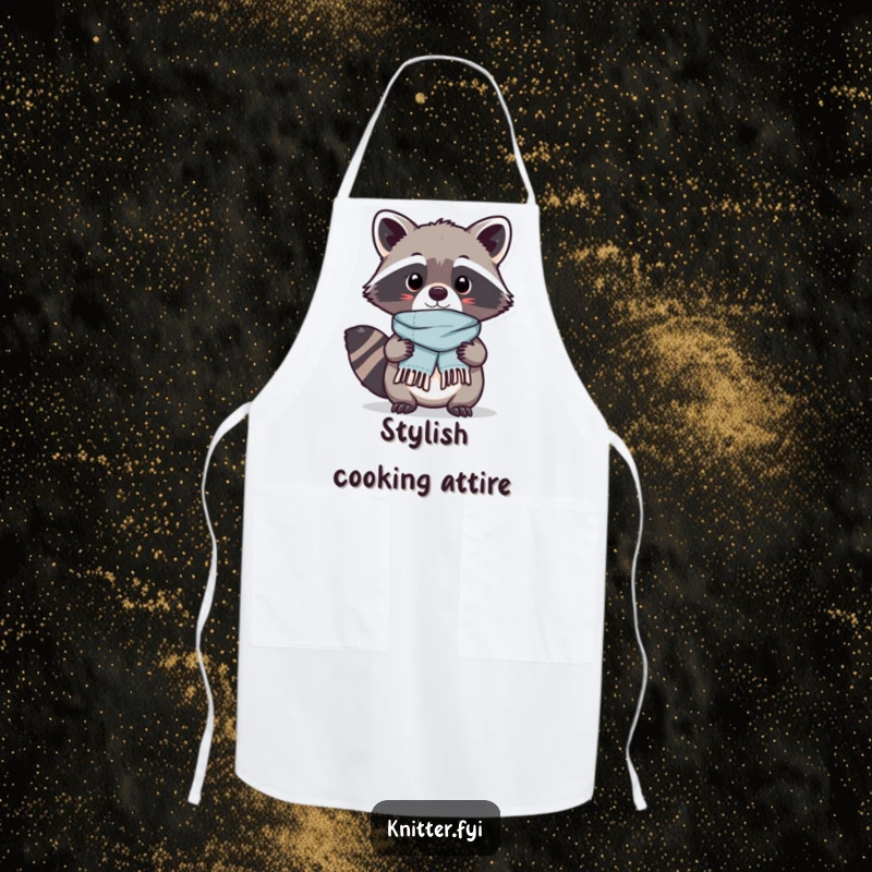 Funny Kawaii raccoon character wearing an apron, proudly displaying a tiny scarf it just finished, a practical and humorous apron.