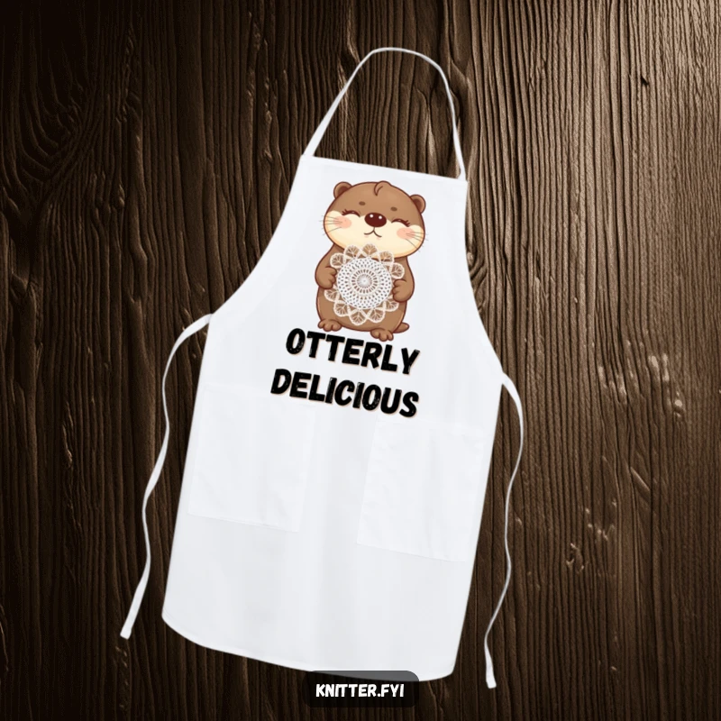 Funny otter apron showing a proud otter displaying a beautifully crocheted doily, ready for crafting or cooking.