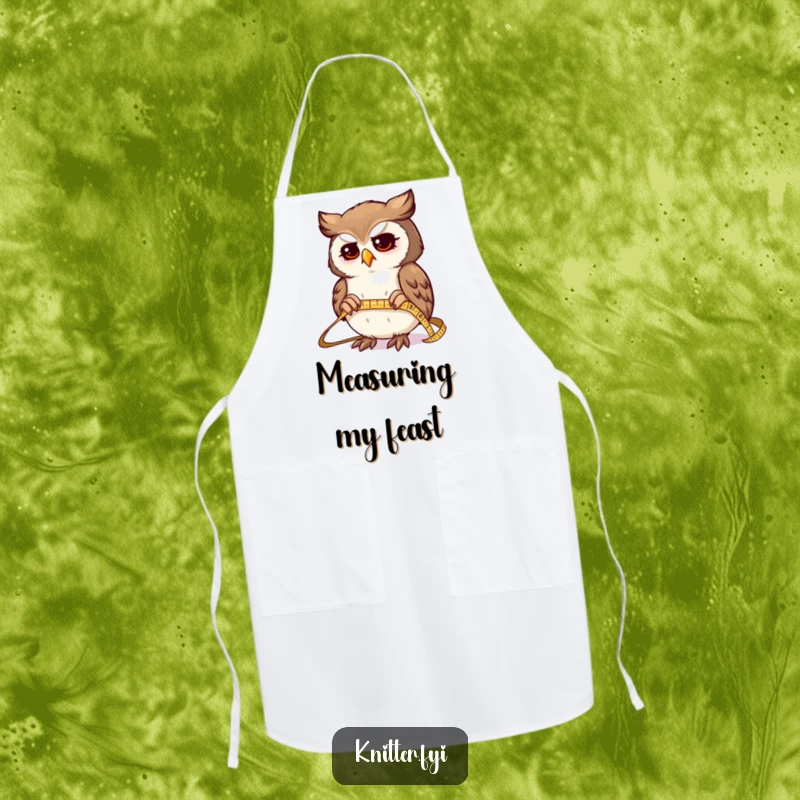 Funny apron with a determined owl character expertly measuring fabric with a tiny, shiny tape measure, perfect for sewing or crafting.