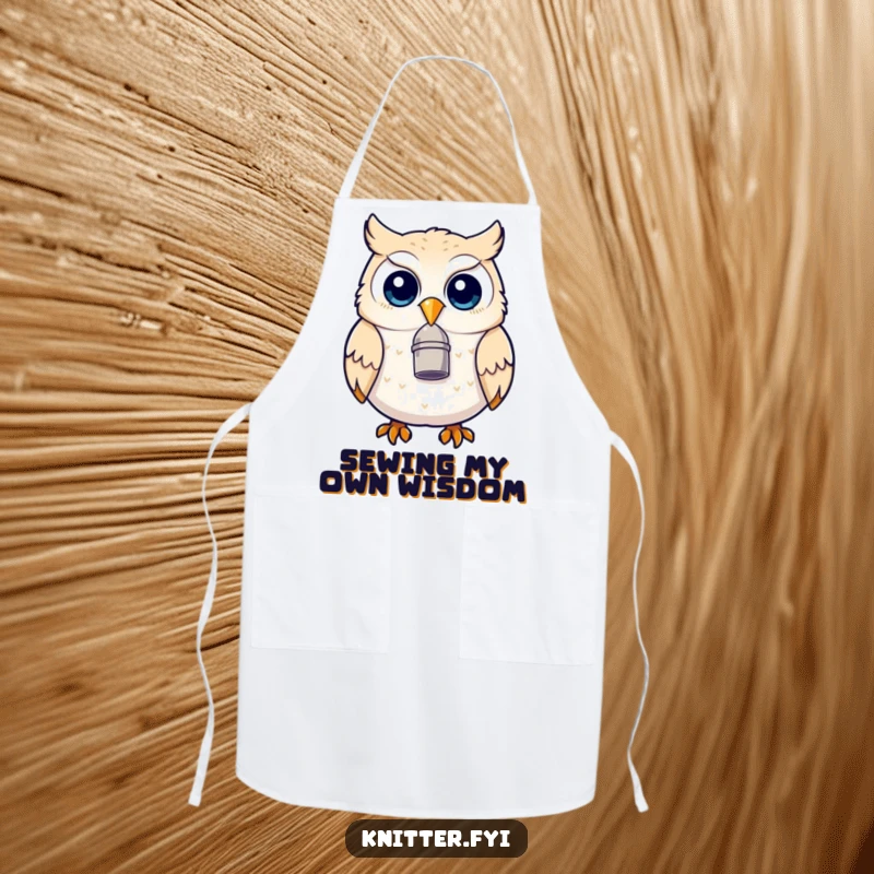 Funny owl apron with a thimble on its beak, looking delighted, perfect for adding kitchen humor while cooking or crafting.