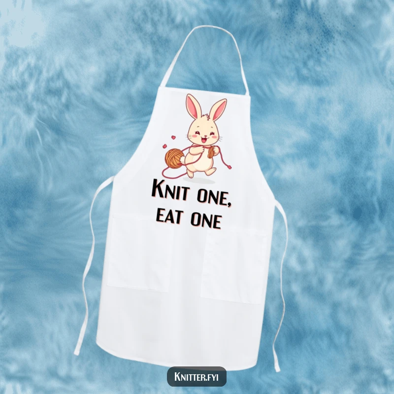 Funny rabbit apron, a cheerful bunny with yarn trailing, hopping playfully while knitting, useful and cute.
