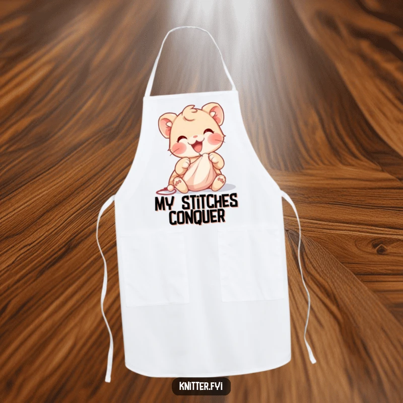 Funny apron showing a delighted creature with nimble paws guiding a needle through soft cloth, perfect for a dedicated seamstress.