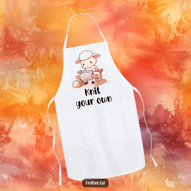 Cute sheep character diligently operating a knitting loom, on a crafter's apron.