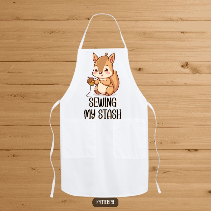 Funny Squirrel Apron: A cheerful squirrel carefully stitches a tiny acorn cap, a humorous kitchen and craft accessory.