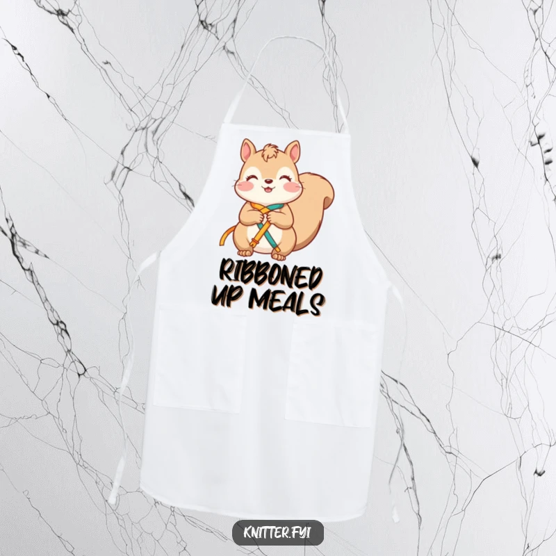 Funny squirrel apron with a contented character happily knotting bright ribbons together, useful for crafting with humor.