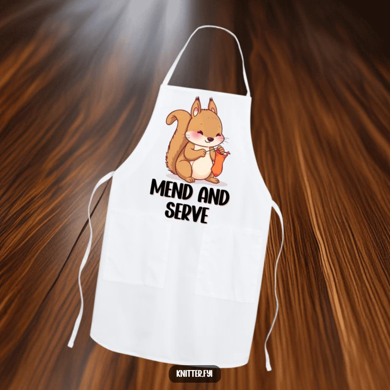 Funny squirrel mending apron, showing a diligent squirrel using needle and thread to repair a sock, practical and amusing.