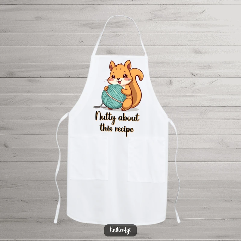 Funny squirrel apron showing a cheerful animal energetically winding a ball of colorful yarn, ready for crafts.