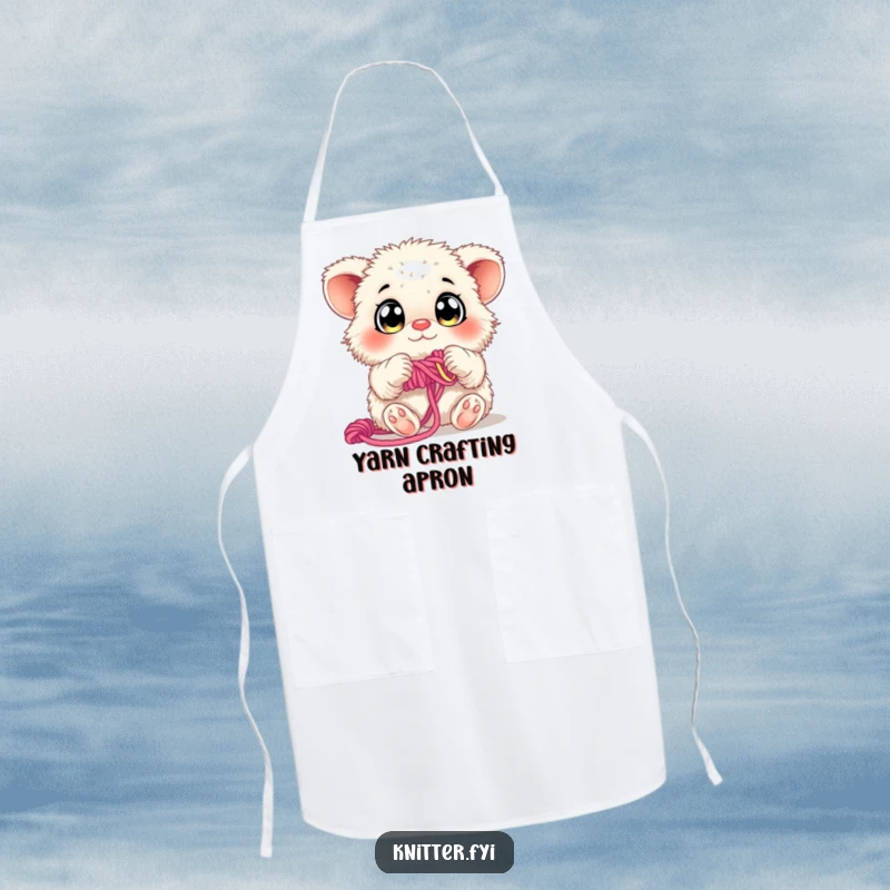 Funny Apron: A fluffy creature with large, curious eyes is diligently weaving colorful yarn with its paws.