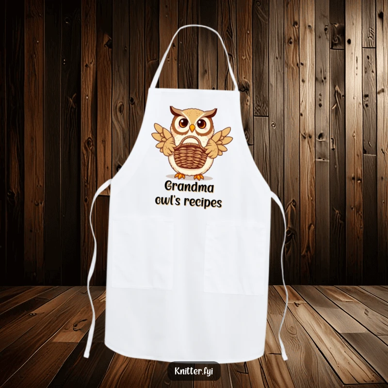Funny owl apron showing a proud owl displaying a beautifully woven basket. Protects clothes with humor.