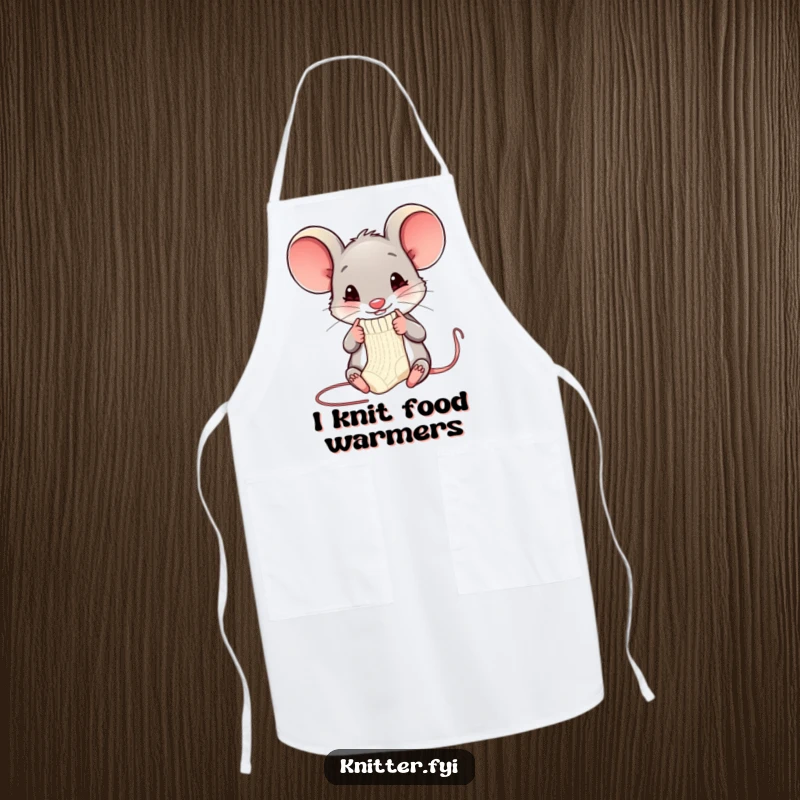 Funny mouse apron showing a happy mouse knitting a miniature sock with tiny needles, a humorous craft accessory.