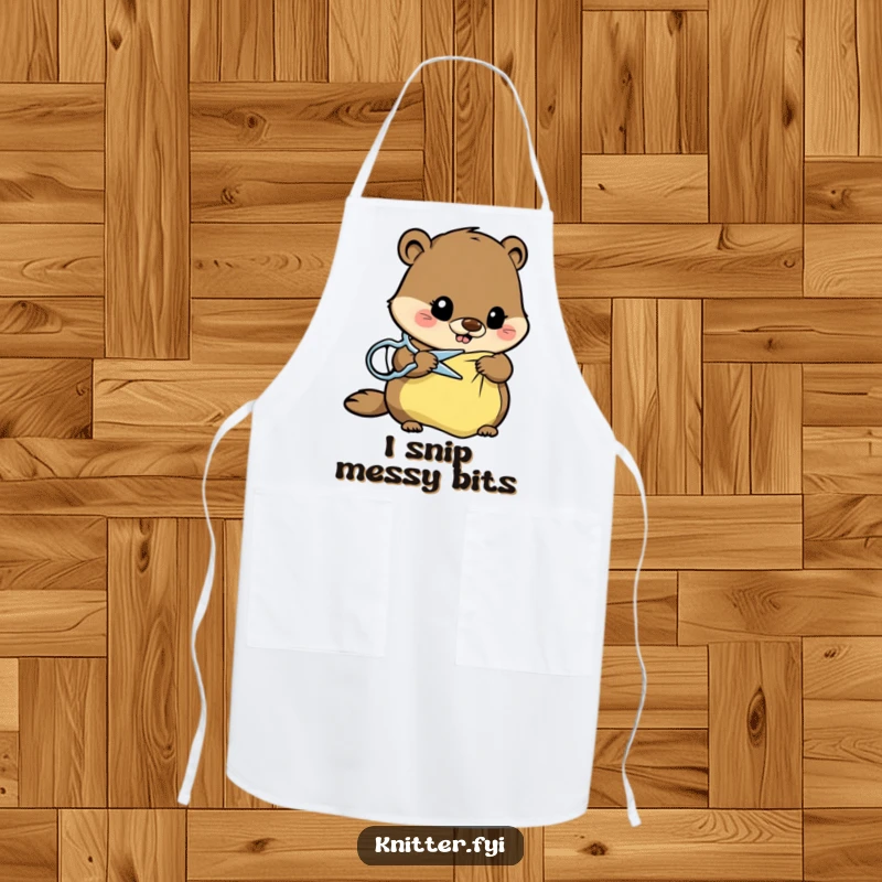 Funny beaver apron showing a busy beaver using sharp scissors to cut fabric, a humorous kitchen or craft accessory.