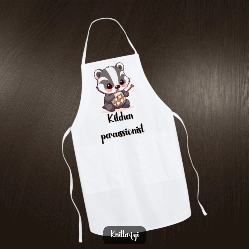 Funny badger drummer apron featuring a mischievous badger using a tiny thimble as a drum, great for cooks.