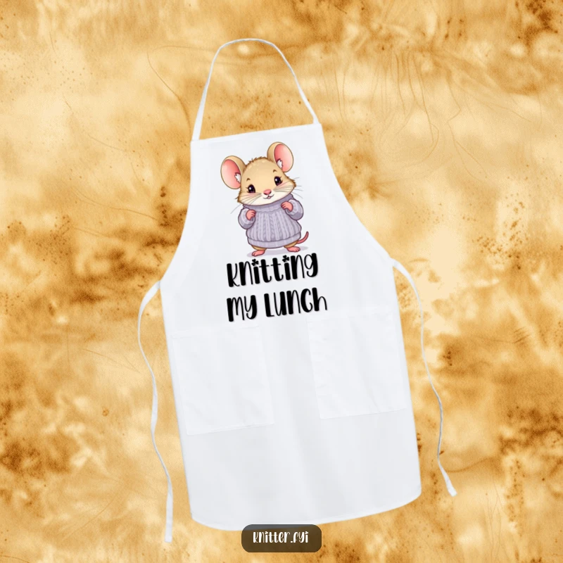 Funny mouse apron with a curious mouse trying on a miniature knitted sweater, perfect for adding kitchen humor.