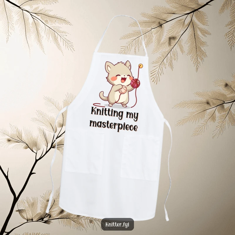 Funny apron featuring a creature enthusiastically batting at a dangling thread from a ball of yarn, perfect for a playful kitchen.