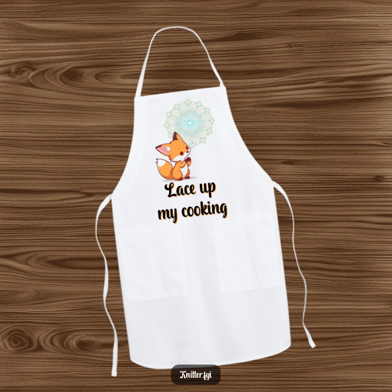 Funny apron with a curious fox character examining a complex lace pattern being woven in the air, perfect for artistic pursuits.