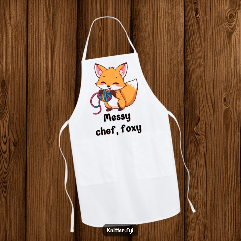 Funny apron featuring a mischievous fox character playfully creating a knot with colorful yarn, ideal for the playful chef or baker.
