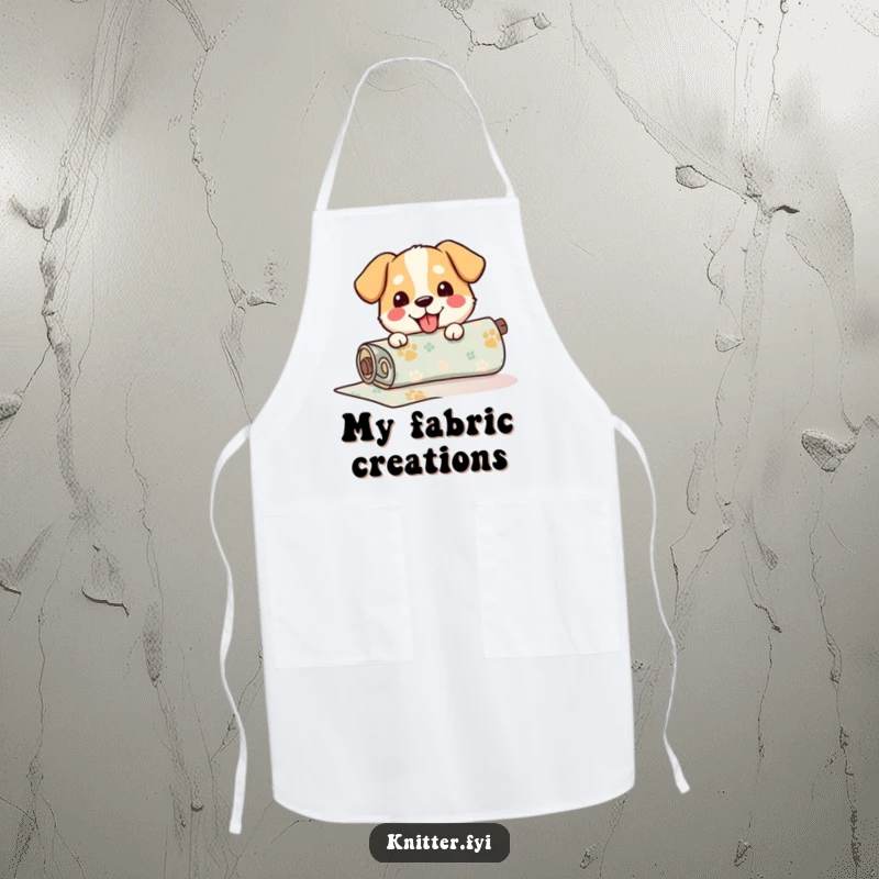 Funny Apron showcasing a happy dog carefully unrolling a roll of patterned fabric, ideal for a crafter or baker.