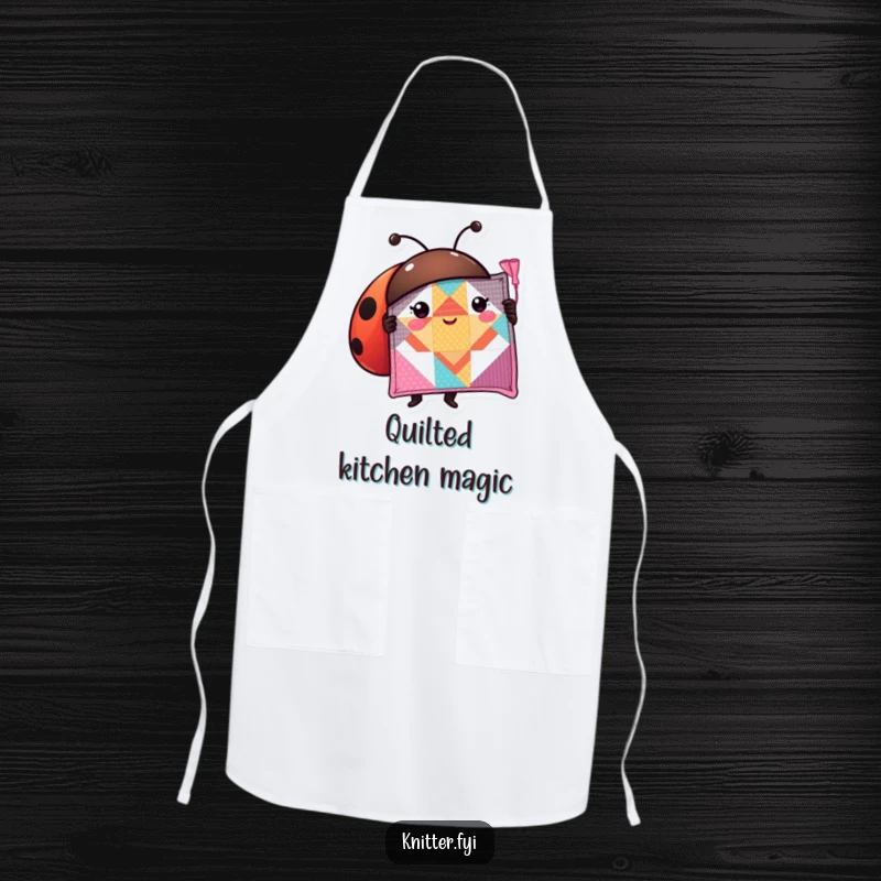 Funny ladybug apron with a proud character holding a perfectly stitched quilt square, useful for crafting with flair.