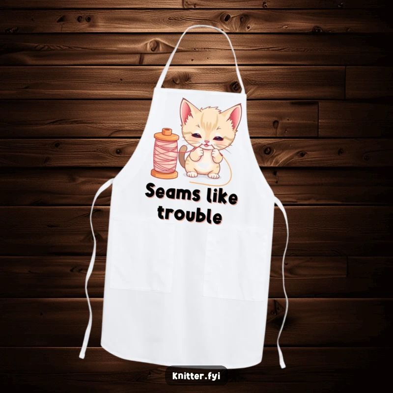 Funny kitten sewing apron featuring a curious cat playfully pulling a loose thread from a large spool of yarn, great for crafters.