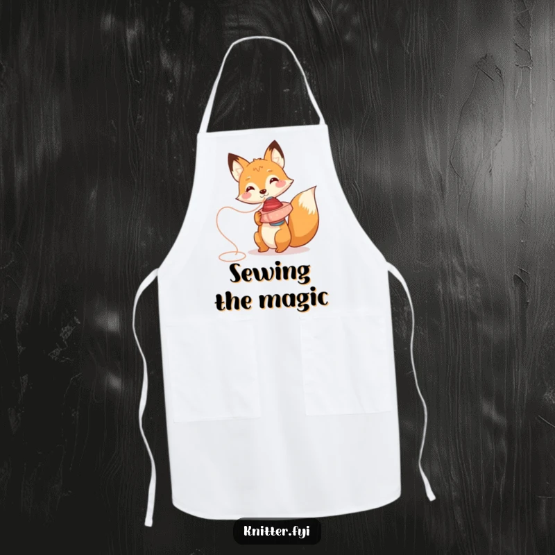 Funny fox apron character, playfully spinning thread, a humorous and practical kitchen accessory.