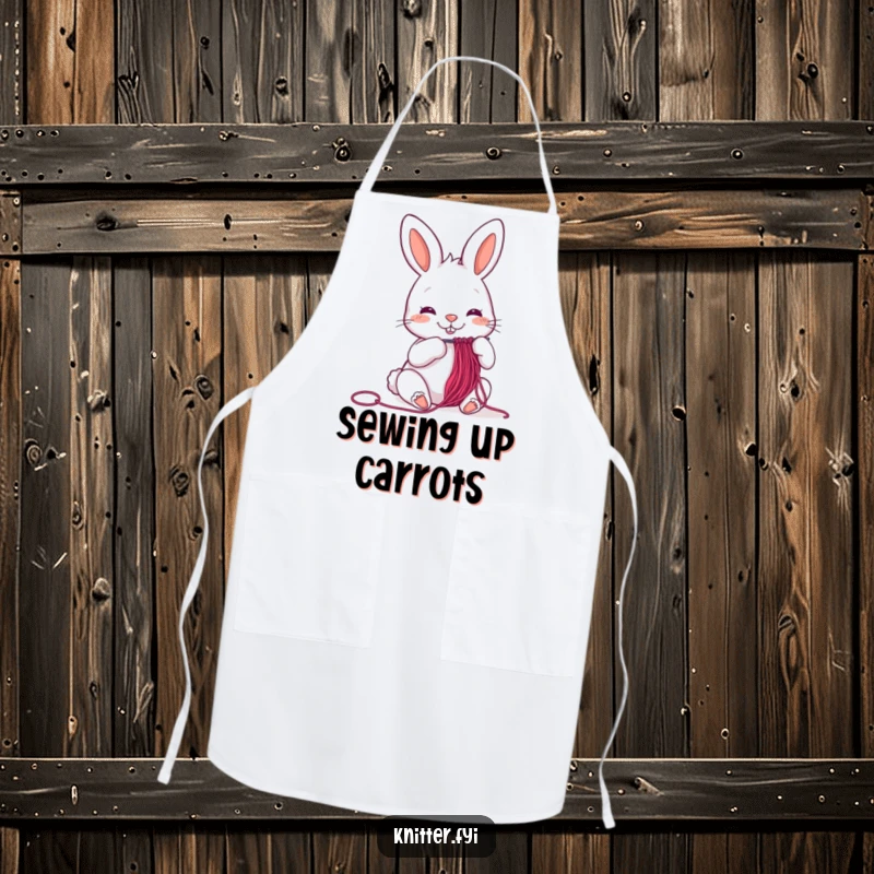 Funny cheerful rabbit apron threading a needle with colorful thread, a playful and functional accessory.