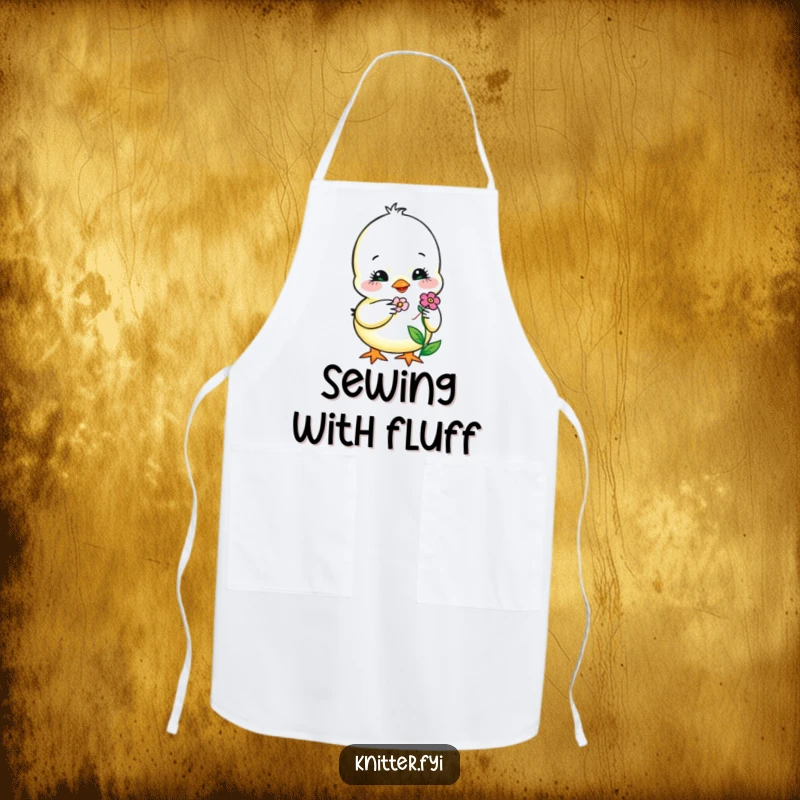 Funny Apron showcasing a sweet chick carefully embroidering a tiny, smiling flower, ideal for a crafter or baker.