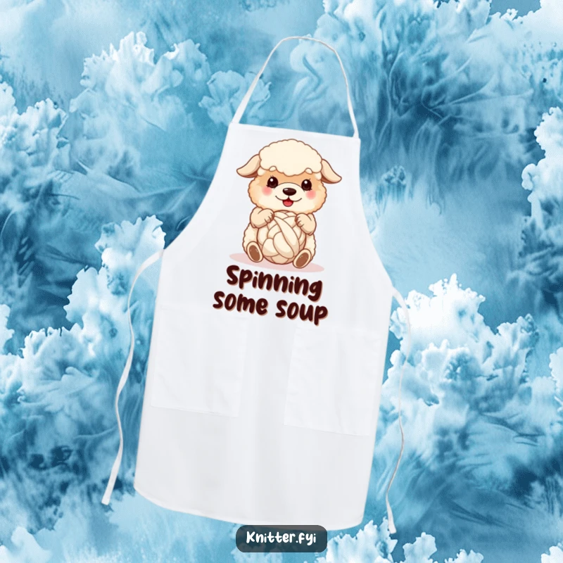 Funny sheepdog apron, a fluffy dog happily spinning a ball of wool with its paws, useful and charming.