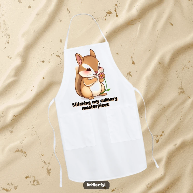 Funny apron featuring a squirrel diligently stitching a small flower, ideal for protection during culinary or crafting activities.