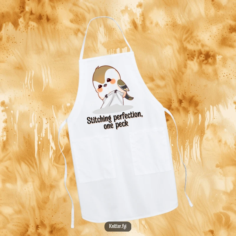 Funny apron featuring a giggling chickadee bird humorously pecking at a piece of fabric while looking delighted.