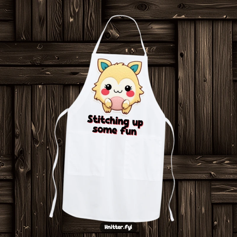 Funny apron for crafters, showing a gleeful creature with rosy cheeks, busy cutting felt, ready for any creative mess.