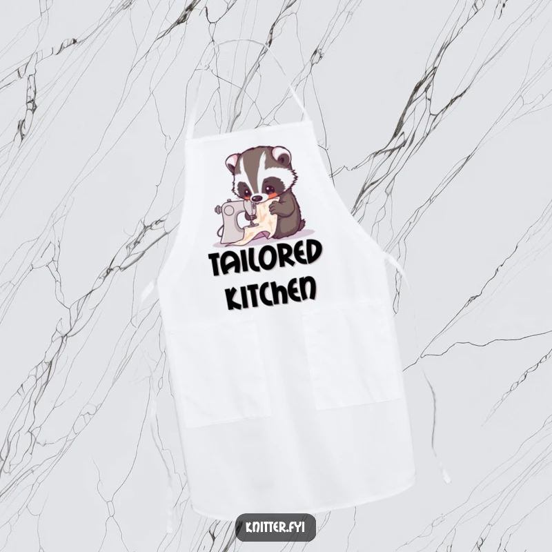 Funny apron showing a curious badger examining a complex sewing pattern. Practical and humorous kitchen or craft wear, perfect funny gift.