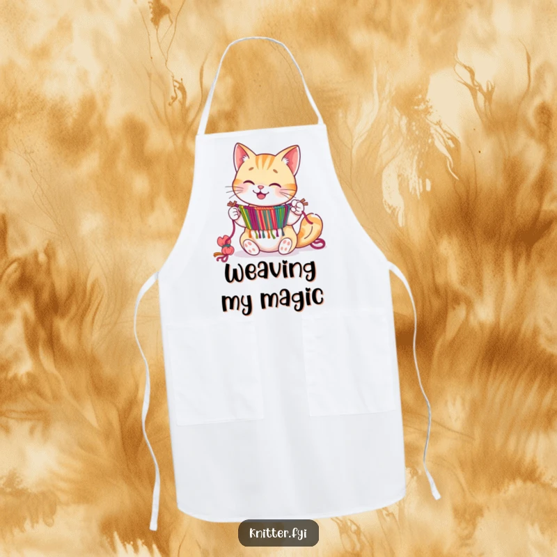 Happy cat character expertly weaving a tapestry with its paws, on an apron.