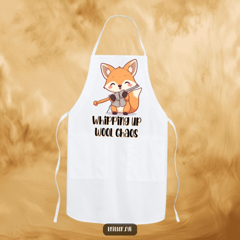 Funny fox apron showing a playful fox holding oversized knitting needles, perfect for keeping messes at bay during creative endeavors.