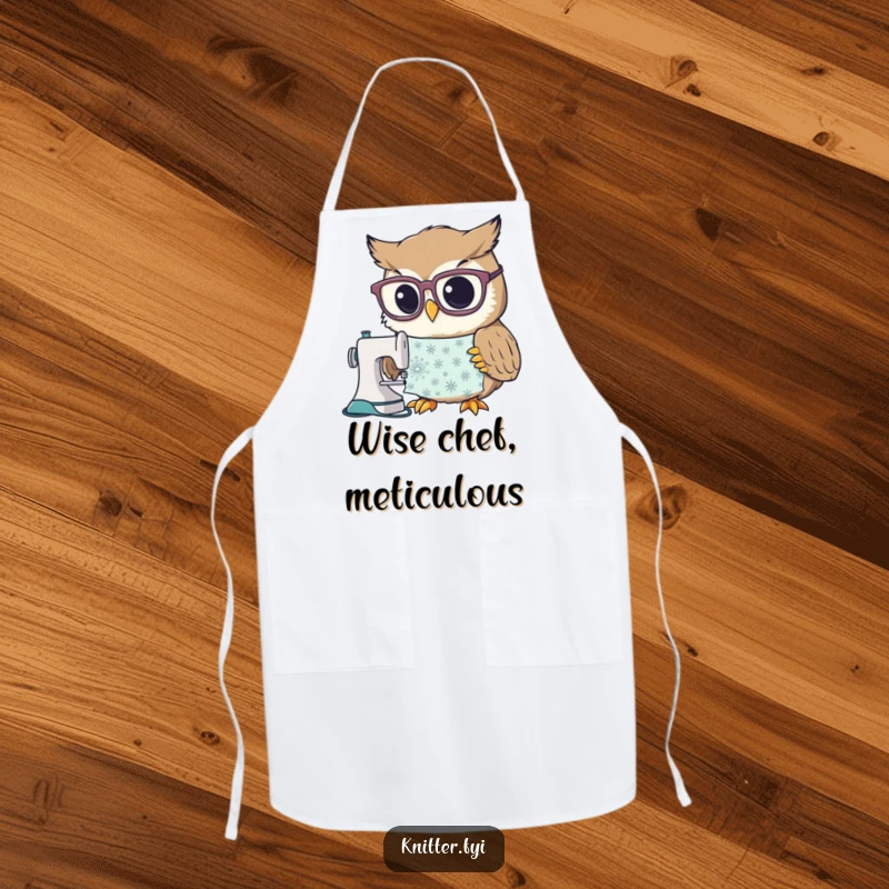 Funny apron with a curious owl character wearing large spectacles, examining a detailed sewing pattern, ideal for the precise kitchen.