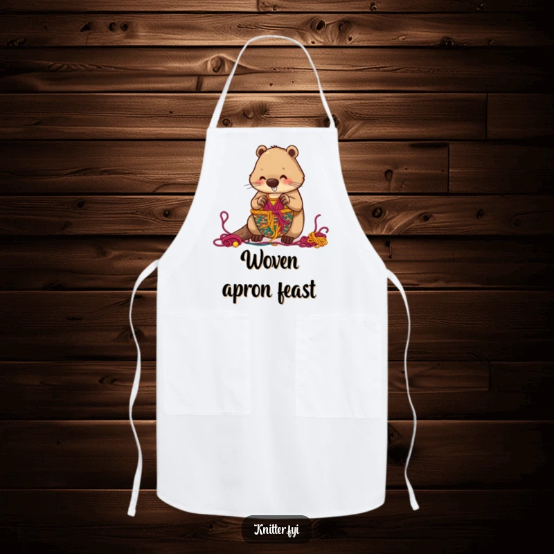 Funny beaver apron depicting a diligent beaver weaving a basket, useful for crafting or kitchen tasks with humor.