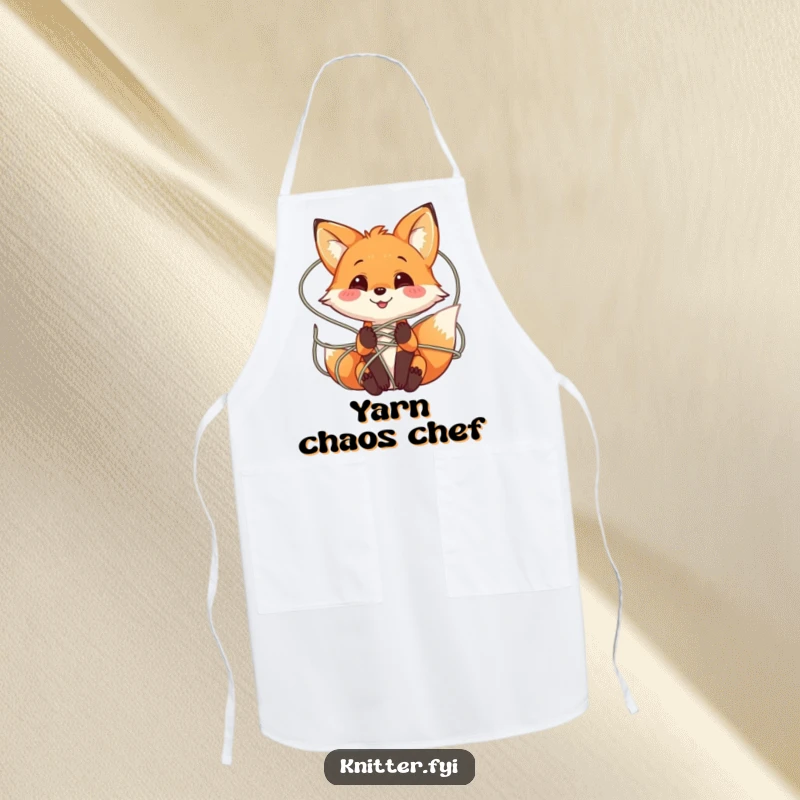 Funny Fox Craft Apron showing a playful fox character smiling while tangled in a web of colorful yarn, great for crafting.
