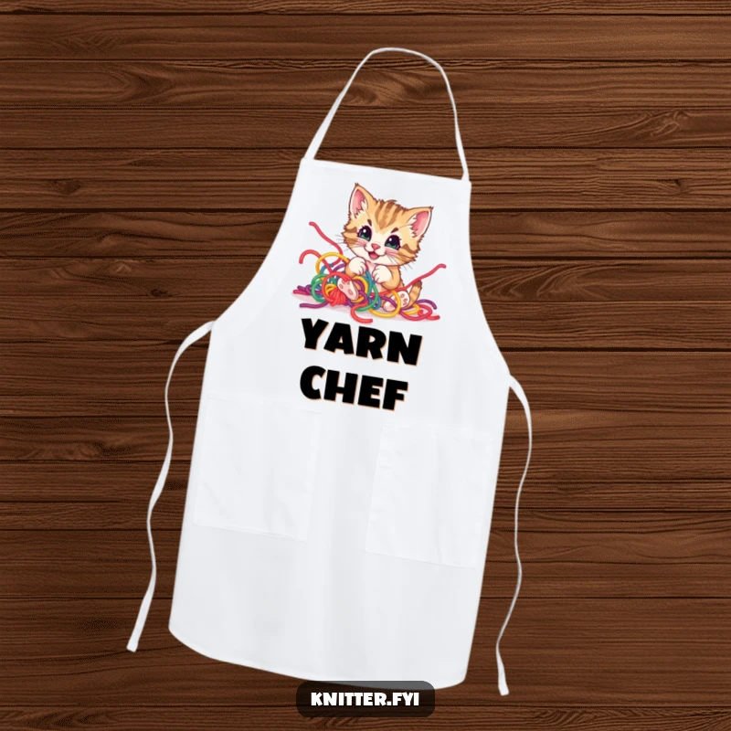 Funny kitten yarn apron, showing a playful kitten happily tangled in colorful yarn, practical and amusing.