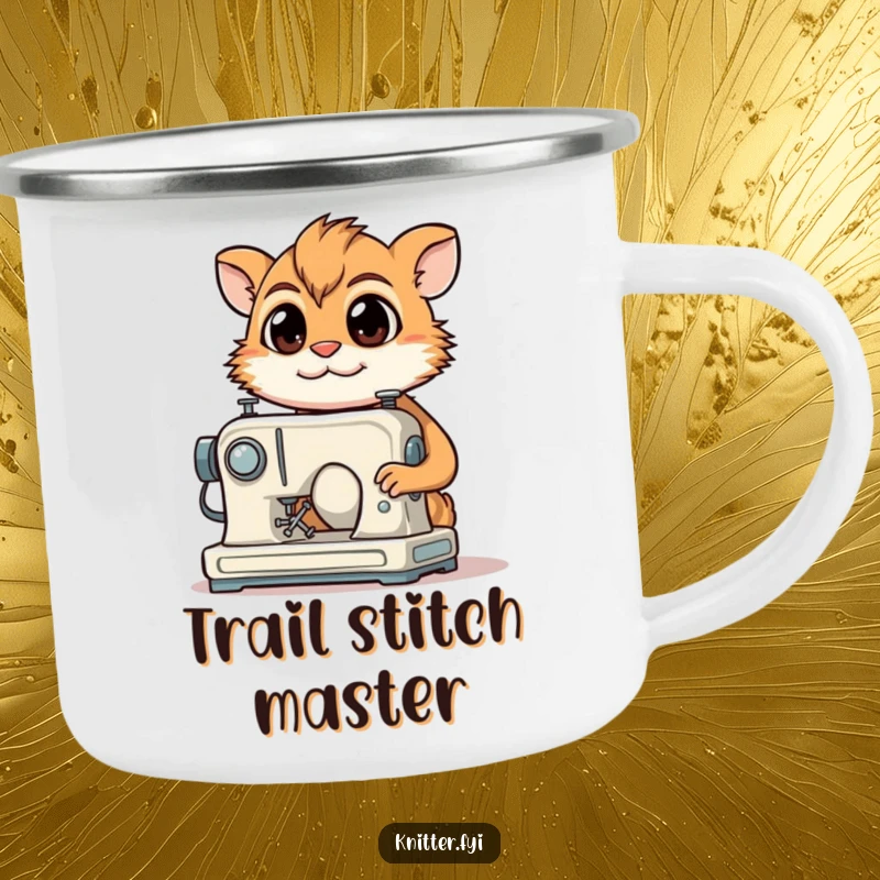 Funny Camping Mug: A determined creature with focused eyes smiles while sewing on a miniature machine outdoors.