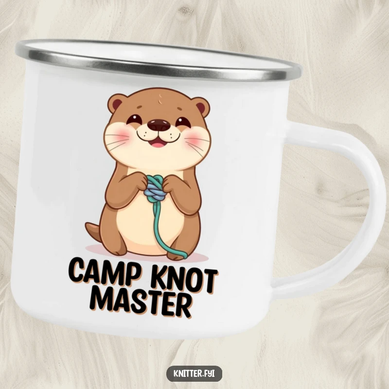 Funny camping mug with a smiling otter skillfully tying a perfect knot on a yarn strand. Durable and whimsical for outdoor adventures, a perfect funny gift.
