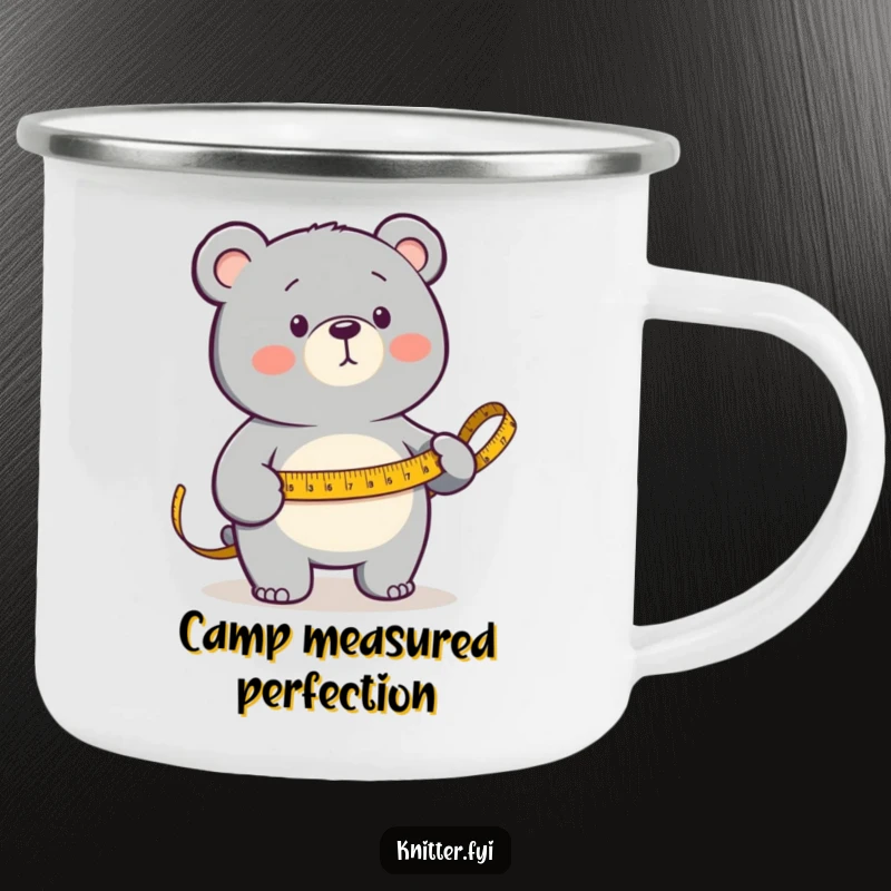 Funny Camping Mug featuring a determined bear measuring fabric with a golden measuring tape, built for adventure and precision.
