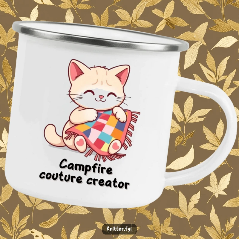 Funny cat camping mug showing a happy cat sewing a small quilt, designed for adventurous crafters and cat lovers.